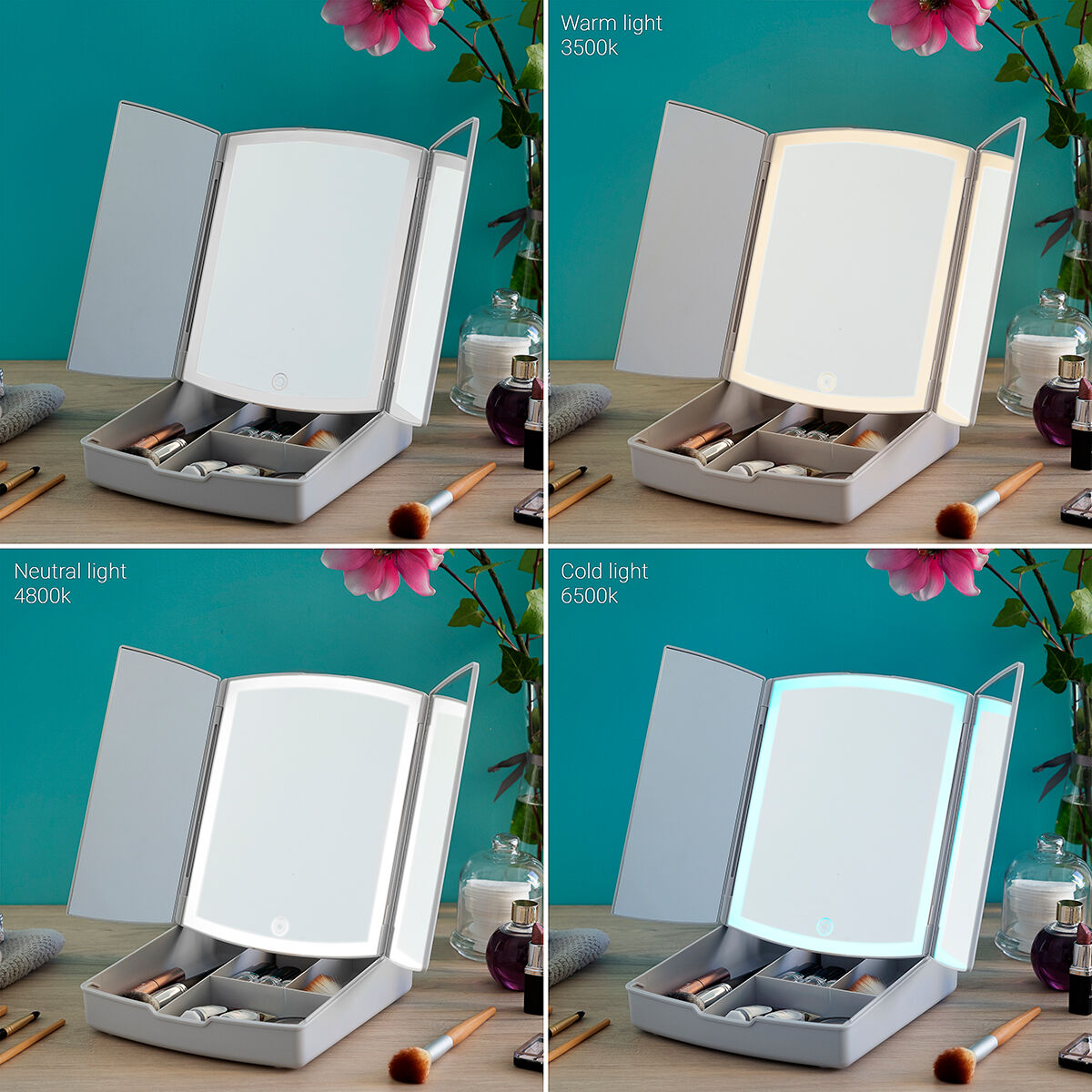 3-In-1 Folding LED Mirror with Make-up Organiser Panomir InnovaGoods